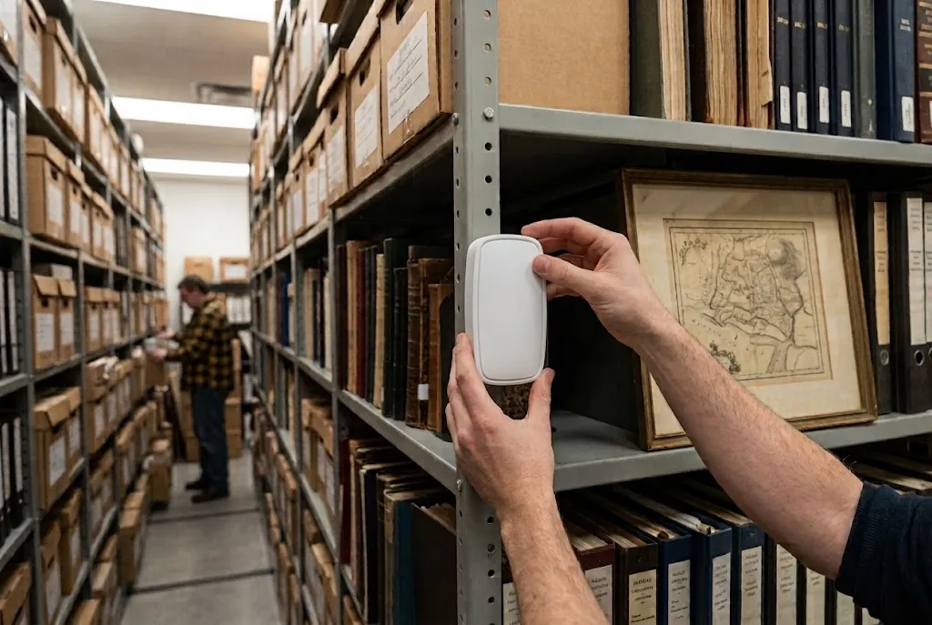 En hvid sensor sættes på en hylde i et arkiv.