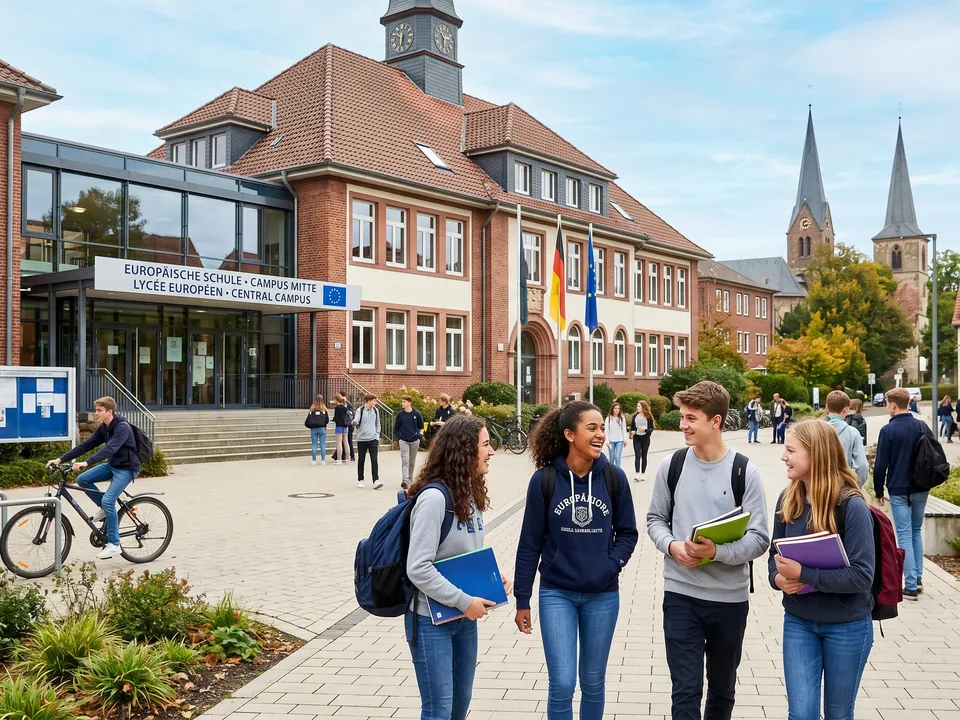Students walking on a school campus in front of a brick school building